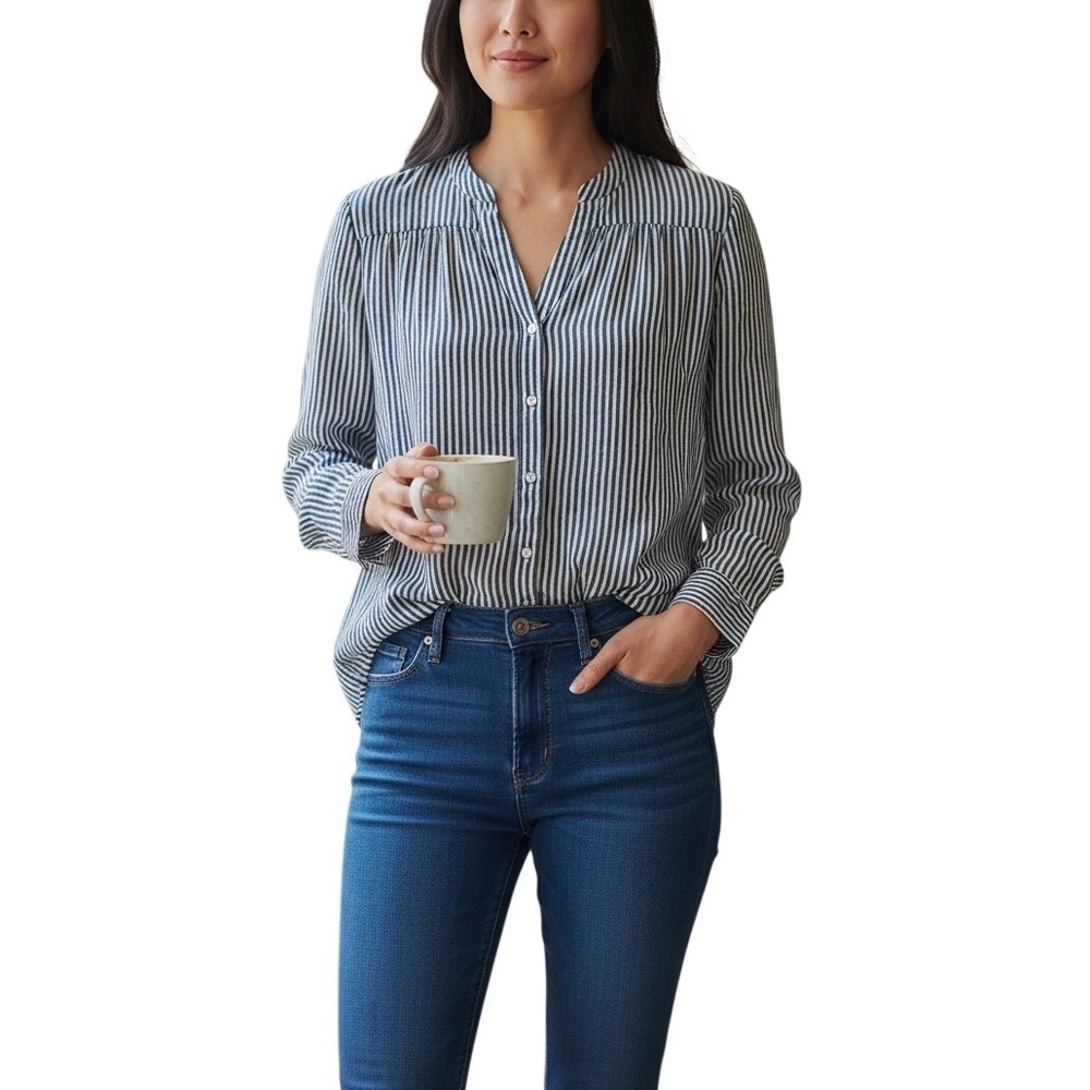 Hope & Harlow‎ Navy White Striped Split Neck Button Down Blouse S Minimalist